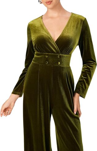 CIDER Womens Velvet Jumpsuit Long Sleeve V Neck Wide Leg Elegant Romper in Kuwait