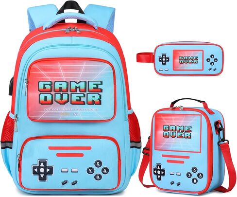 Gamer Backpack for Boys - Cool Luminous School Backpack for Boys with Lunch Bag Pencil Case - Kids Elementary Middle School Book Bags for Teen with USB Charging Port (Black in Kuwait
