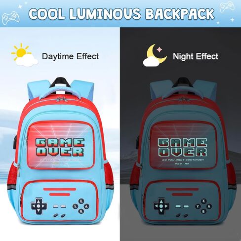 Gamer Backpack for Boys - Cool Luminous School Backpack for Boys with Lunch Bag Pencil Case - Kids Elementary Middle School Book Bags for Teen with USB Charging Port (Black in Kuwait