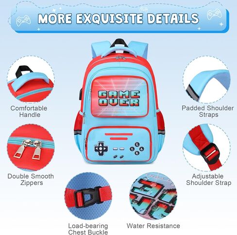 Gamer Backpack for Boys - Cool Luminous School Backpack for Boys with Lunch Bag Pencil Case - Kids Elementary Middle School Book Bags for Teen with USB Charging Port (Black in Kuwait