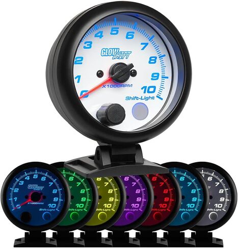 مقياس سرعة الدوران GlowShift White 7 ألوان 10,000 دورة في الدقيقة - لمحركات تعمل بالغاز من 1 إلى 10 أسطوانات - ضوء ناقل مدمج - يتم تركيبه على لوحة القيادة - قرص أبيض - عدسة شفافة - 3-3/4 بوصة 95 مم in Kuwait
