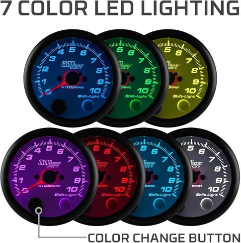 مقياس سرعة الدوران GlowShift White 7 ألوان 10,000 دورة في الدقيقة - لمحركات تعمل بالغاز من 1 إلى 10 أسطوانات - ضوء ناقل مدمج - يتم تركيبه على لوحة القيادة - قرص أبيض - عدسة شفافة - 3-3/4 بوصة 95 مم in Kuwait