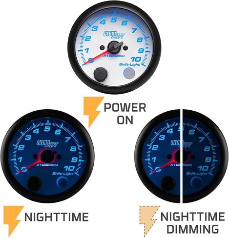 مقياس سرعة الدوران GlowShift White 7 ألوان 10,000 دورة في الدقيقة - لمحركات تعمل بالغاز من 1 إلى 10 أسطوانات - ضوء ناقل مدمج - يتم تركيبه على لوحة القيادة - قرص أبيض - عدسة شفافة - 3-3/4 بوصة 95 مم in Kuwait