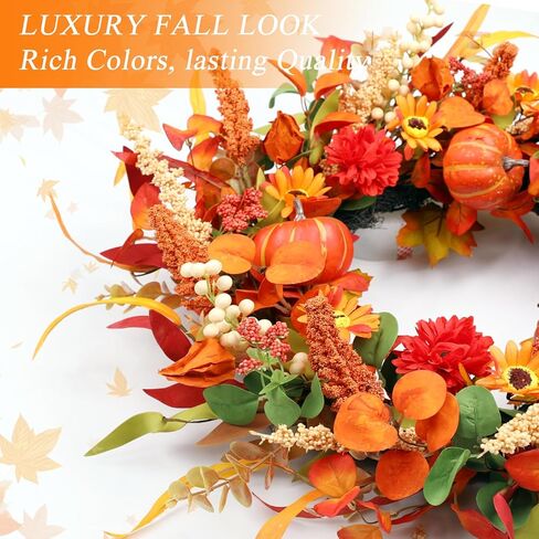 إكليل سقوط 26 بوصة للباب الأمامي - أكاليل باب الخريف، إكليل خريف كبير مع توت اليقطين وأوراق الشجر، أكاليل باب الخريف لمزرعة داخلية وخارجية لتزيين المنزل وعيد الهالوين وعيد الشكر in Kuwait