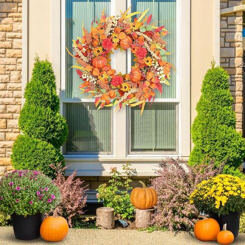 إكليل سقوط 26 بوصة للباب الأمامي - أكاليل باب الخريف، إكليل خريف كبير مع توت اليقطين وأوراق الشجر، أكاليل باب الخريف لمزرعة داخلية وخارجية لتزيين المنزل وعيد الهالوين وعيد الشكر in Kuwait
