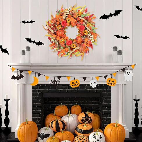 إكليل سقوط 26 بوصة للباب الأمامي - أكاليل باب الخريف، إكليل خريف كبير مع توت اليقطين وأوراق الشجر، أكاليل باب الخريف لمزرعة داخلية وخارجية لتزيين المنزل وعيد الهالوين وعيد الشكر in Kuwait