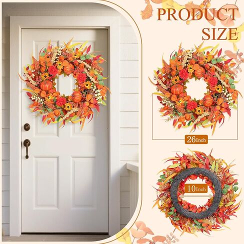 إكليل سقوط 26 بوصة للباب الأمامي - أكاليل باب الخريف، إكليل خريف كبير مع توت اليقطين وأوراق الشجر، أكاليل باب الخريف لمزرعة داخلية وخارجية لتزيين المنزل وعيد الهالوين وعيد الشكر in Kuwait