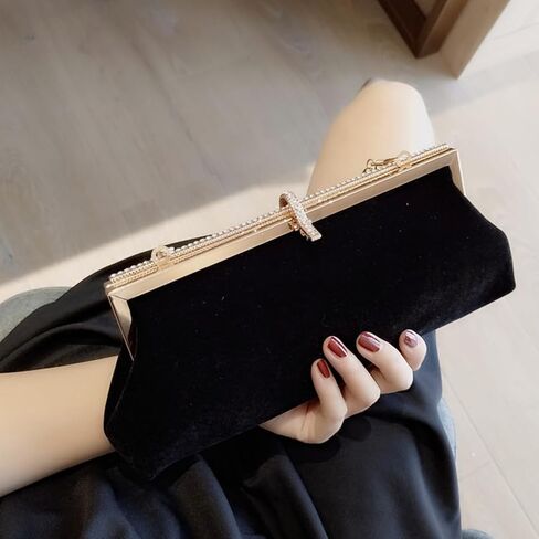 LOGOFUN Velvet Bag Rhinestone Elegant Handbag Women Wedding Party Evening Clutch Bag (Black) in Saudi Arabia