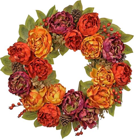 Artificial Fall Wreath for Front Door – 24 Inch Peony & Mixed Floral Wreath with Maple Leaves & Berries, Rustic Autumn Wall Décor in Saudi Arabia