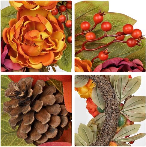 Artificial Fall Wreath for Front Door – 24 Inch Peony & Mixed Floral Wreath with Maple Leaves & Berries, Rustic Autumn Wall Décor in Saudi Arabia