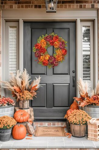 Artificial Fall Wreath for Front Door – 24 Inch Peony & Mixed Floral Wreath with Maple Leaves & Berries, Rustic Autumn Wall Décor in Saudi Arabia