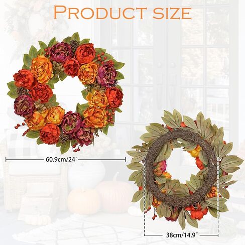 Artificial Fall Wreath for Front Door – 24 Inch Peony & Mixed Floral Wreath with Maple Leaves & Berries, Rustic Autumn Wall Décor in Saudi Arabia