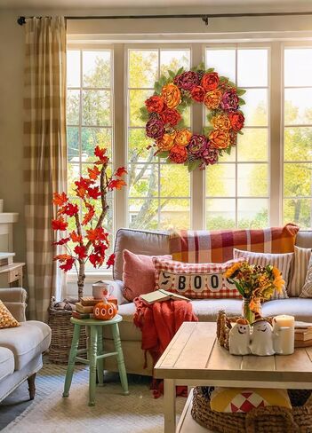Artificial Fall Wreath for Front Door – 24 Inch Peony & Mixed Floral Wreath with Maple Leaves & Berries, Rustic Autumn Wall Décor in Saudi Arabia