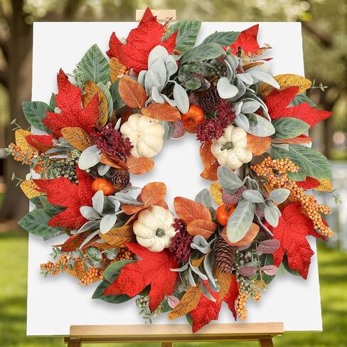18 Inch Fall Wreath for Front Door, Autumn Wreath with Pumpkins, Berries, Maple & Fern Leaves Fluffy Harvest Decor for Thanksgiving, Farmhouse Porch and Indoor Wall in Kuwait