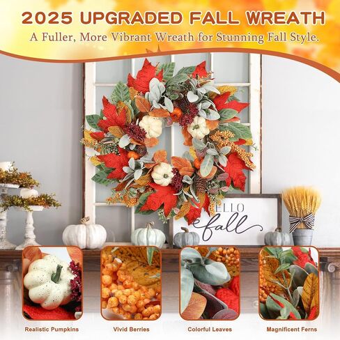 18 Inch Fall Wreath for Front Door, Autumn Wreath with Pumpkins, Berries, Maple & Fern Leaves Fluffy Harvest Decor for Thanksgiving, Farmhouse Porch and Indoor Wall in Kuwait
