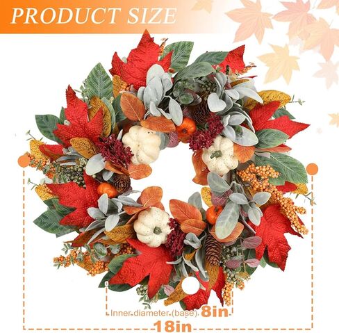 18 Inch Fall Wreath for Front Door, Autumn Wreath with Pumpkins, Berries, Maple & Fern Leaves Fluffy Harvest Decor for Thanksgiving, Farmhouse Porch and Indoor Wall in Kuwait