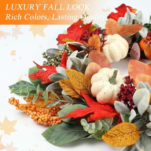 18 Inch Fall Wreath for Front Door, Autumn Wreath with Pumpkins, Berries, Maple & Fern Leaves Fluffy Harvest Decor for Thanksgiving, Farmhouse Porch and Indoor Wall in Kuwait