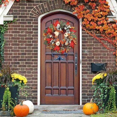 18 Inch Fall Wreath for Front Door, Autumn Wreath with Pumpkins, Berries, Maple & Fern Leaves Fluffy Harvest Decor for Thanksgiving, Farmhouse Porch and Indoor Wall in Kuwait