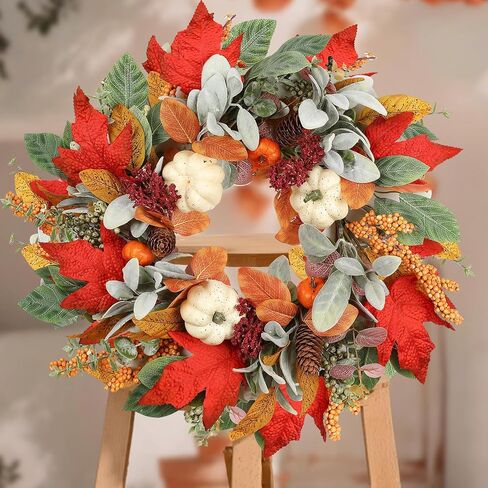 18 Inch Fall Wreath for Front Door, Autumn Wreath with Pumpkins, Berries, Maple & Fern Leaves Fluffy Harvest Decor for Thanksgiving, Farmhouse Porch and Indoor Wall in Kuwait