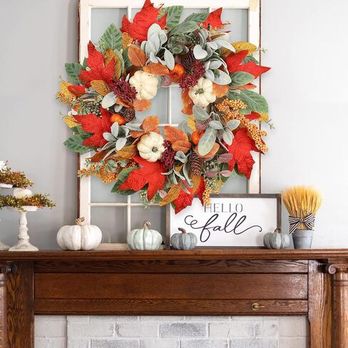 18 Inch Fall Wreath for Front Door, Autumn Wreath with Pumpkins, Berries, Maple & Fern Leaves Fluffy Harvest Decor for Thanksgiving, Farmhouse Porch and Indoor Wall in Kuwait