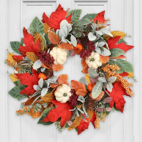18 Inch Fall Wreath for Front Door, Autumn Wreath with Pumpkins, Berries, Maple & Fern Leaves Fluffy Harvest Decor for Thanksgiving, Farmhouse Porch and Indoor Wall in Kuwait