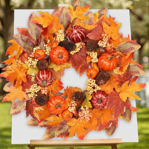 18 Inch Fall Wreath for Front Door, Autumn Wreath with Pumpkins, Berries, Maple & Fern Leaves Fluffy Harvest Decor for Thanksgiving, Farmhouse Porch and Indoor Wall in Kuwait