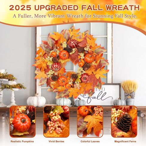 18 Inch Fall Wreath for Front Door, Autumn Wreath with Pumpkins, Berries, Maple & Fern Leaves Fluffy Harvest Decor for Thanksgiving, Farmhouse Porch and Indoor Wall in Kuwait