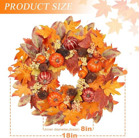 18 Inch Fall Wreath for Front Door, Autumn Wreath with Pumpkins, Berries, Maple & Fern Leaves Fluffy Harvest Decor for Thanksgiving, Farmhouse Porch and Indoor Wall in Kuwait