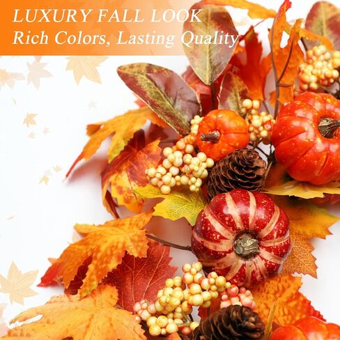 18 Inch Fall Wreath for Front Door, Autumn Wreath with Pumpkins, Berries, Maple & Fern Leaves Fluffy Harvest Decor for Thanksgiving, Farmhouse Porch and Indoor Wall in Kuwait