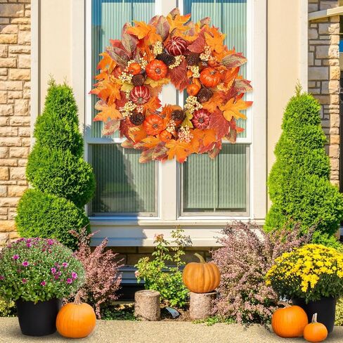 18 Inch Fall Wreath for Front Door, Autumn Wreath with Pumpkins, Berries, Maple & Fern Leaves Fluffy Harvest Decor for Thanksgiving, Farmhouse Porch and Indoor Wall in Kuwait