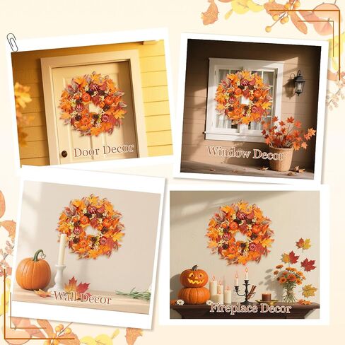 18 Inch Fall Wreath for Front Door, Autumn Wreath with Pumpkins, Berries, Maple & Fern Leaves Fluffy Harvest Decor for Thanksgiving, Farmhouse Porch and Indoor Wall in Kuwait