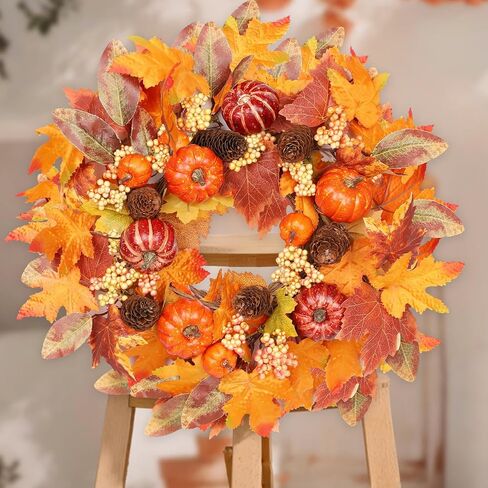 18 Inch Fall Wreath for Front Door, Autumn Wreath with Pumpkins, Berries, Maple & Fern Leaves Fluffy Harvest Decor for Thanksgiving, Farmhouse Porch and Indoor Wall in Kuwait