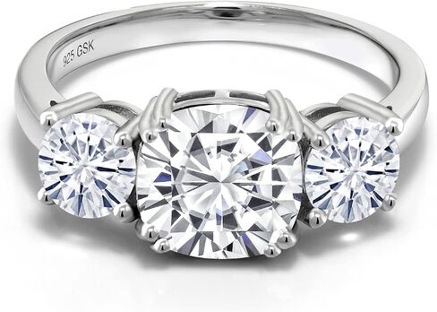 Gem Stone King 3.40 Cttw White Moissanite 3-Stone Engagement Ring For Women | 925 Sterling Silver | Cushion 8MM | 3 Stone Wedding Engagement Anniversary Promise Ring For Women in Saudi Arabia