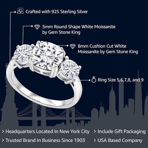 Gem Stone King 3.40 Cttw White Moissanite 3-Stone Engagement Ring For Women | 925 Sterling Silver | Cushion 8MM | 3 Stone Wedding Engagement Anniversary Promise Ring For Women in Saudi Arabia
