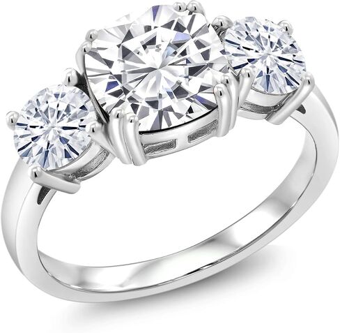 Gem Stone King 3.40 Cttw White Moissanite 3-Stone Engagement Ring For Women | 925 Sterling Silver | Cushion 8MM | 3 Stone Wedding Engagement Anniversary Promise Ring For Women in Saudi Arabia