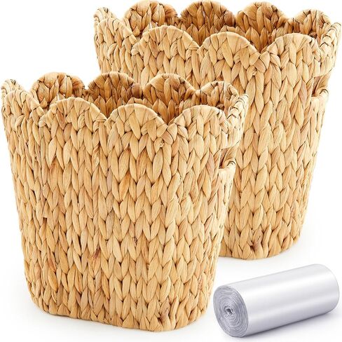 2 Pcs Wicker Trash Can with 50 Small Trash Bag Wicker Waste Woven Basket with Handles Clear Multi Use Garbage Bags for Bathroom Kitchen Bedroom in Saudi Arabia