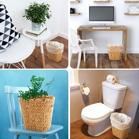 2 Pcs Wicker Trash Can with 50 Small Trash Bag Wicker Waste Woven Basket with Handles Clear Multi Use Garbage Bags for Bathroom Kitchen Bedroom in Saudi Arabia