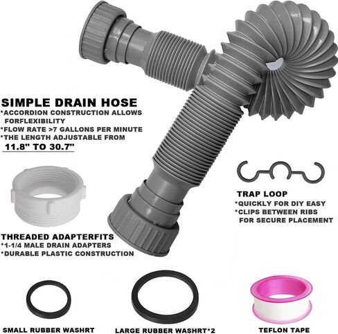 Flexible Sink Drain Pipe P Trap 1-1/2" to 1-1/4" Adapter Included, Adjustable Sink Trap Kit for Kitchen, Bathroom, Variable Height Shampoo Bowls, White, 1 Pack in Kuwait