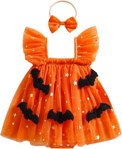 الوليد طفلة هالوين الزي الملابس أكمام اليقطين رومبير فستان شبكة توتو الجنية كشكش بذلة زي in Kuwait