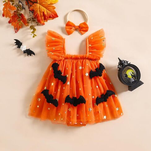 الوليد طفلة هالوين الزي الملابس أكمام اليقطين رومبير فستان شبكة توتو الجنية كشكش بذلة زي in Kuwait