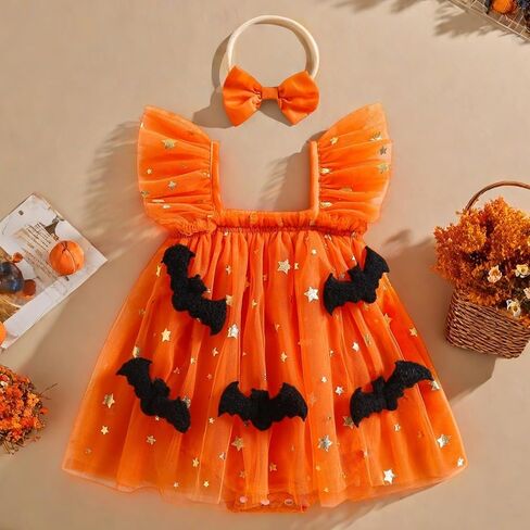 الوليد طفلة هالوين الزي الملابس أكمام اليقطين رومبير فستان شبكة توتو الجنية كشكش بذلة زي in Kuwait