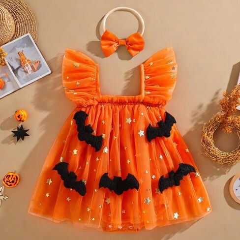 الوليد طفلة هالوين الزي الملابس أكمام اليقطين رومبير فستان شبكة توتو الجنية كشكش بذلة زي in Kuwait