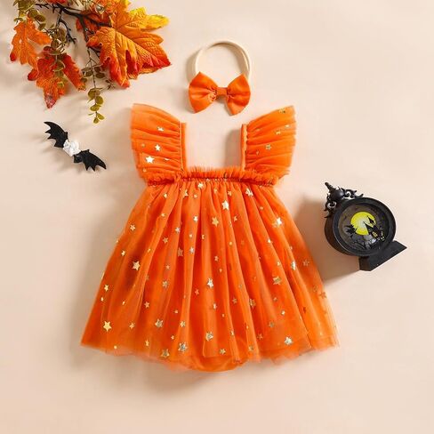 الوليد طفلة هالوين الزي الملابس أكمام اليقطين رومبير فستان شبكة توتو الجنية كشكش بذلة زي in Kuwait