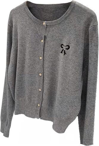 SweatyRocks Women's Crewneck Button Down Cropped Cardigans Long Sleeve Bow Embroidery Knitted Sweater Jacket in Saudi Arabia
