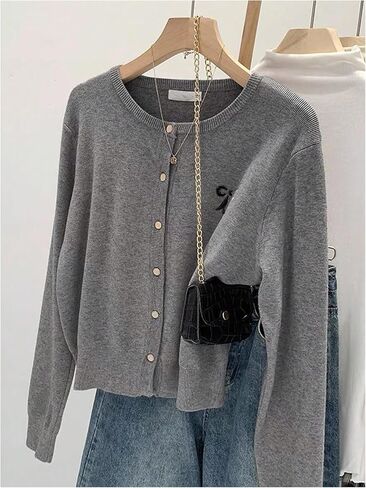 SweatyRocks Women's Crewneck Button Down Cropped Cardigans Long Sleeve Bow Embroidery Knitted Sweater Jacket in Saudi Arabia