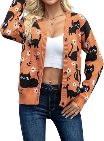Halloween Cat Cardigan Sweaters for Women Black Cat Knit Sweater Button Down V Neck Fall Winter Open Front Outerwear in Kuwait