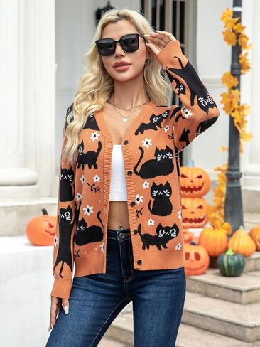 Halloween Cat Cardigan Sweaters for Women Black Cat Knit Sweater Button Down V Neck Fall Winter Open Front Outerwear in Kuwait