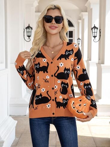 Halloween Cat Cardigan Sweaters for Women Black Cat Knit Sweater Button Down V Neck Fall Winter Open Front Outerwear in Kuwait