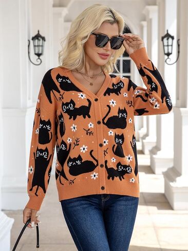 Halloween Cat Cardigan Sweaters for Women Black Cat Knit Sweater Button Down V Neck Fall Winter Open Front Outerwear in Kuwait