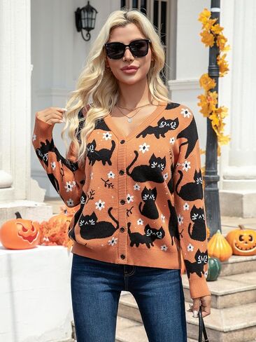 Halloween Cat Cardigan Sweaters for Women Black Cat Knit Sweater Button Down V Neck Fall Winter Open Front Outerwear in Kuwait